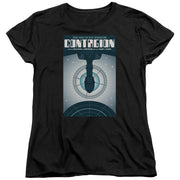 Women's-cut black Star Trek Contagion t-shirt with the same starship poster design, printed slightly smaller on the chest.