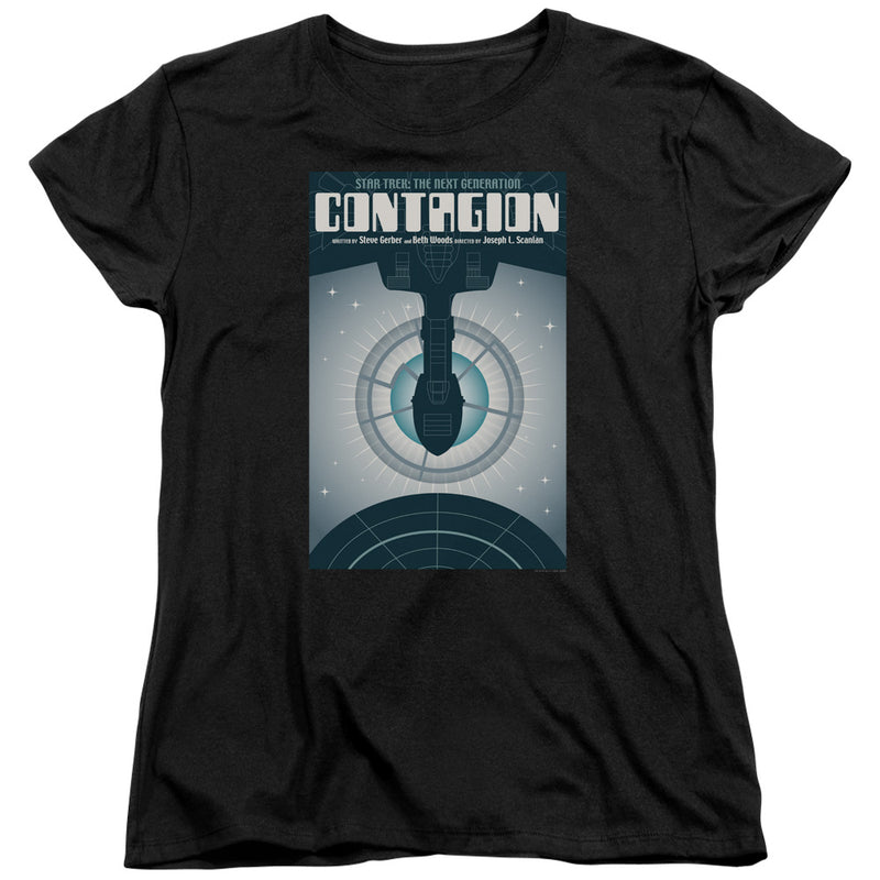 Women's-cut black Star Trek Contagion t-shirt with the same starship poster design, printed slightly smaller on the chest.
