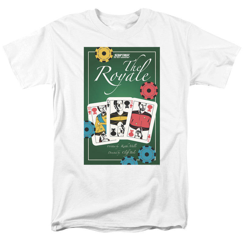 White t-shirt with a green Star Trek 'The Royale' episode poster graphic showing three playing cards with crew portraits and colorful casino chips.