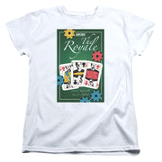 White women's t-shirt with green poster graphic reading 'The Royale', showing three playing cards, colored poker chips, and 'Star Trek' logo