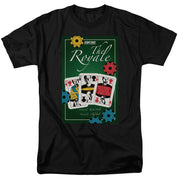 Black t-shirt with green graphic reading 'The Royale' showing three Star Trek character playing cards and poker chips