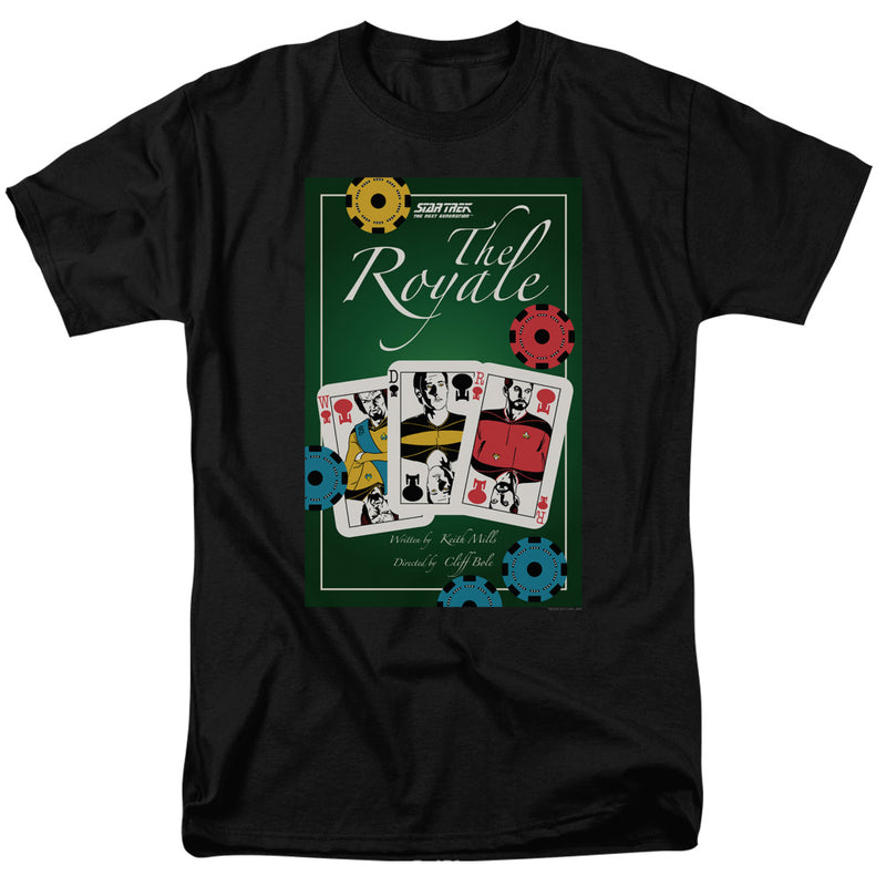 Black t-shirt with green graphic reading 'The Royale' showing three Star Trek character playing cards and poker chips