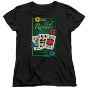 Black women's tee with green graphic of 'The Royale' and playing cards showing Star Trek officers in gold and red uniforms