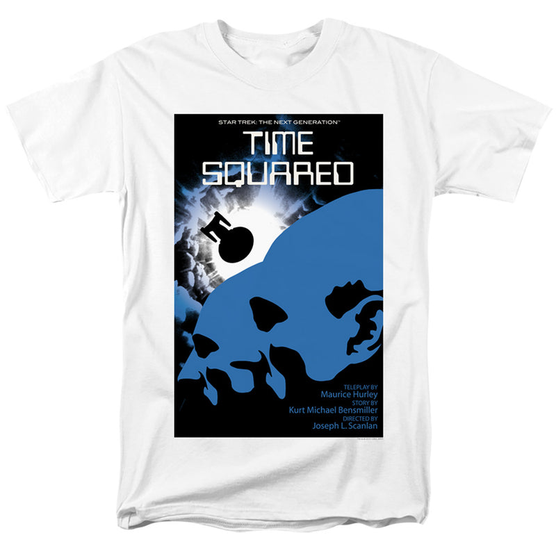 White tee with black 'STAR TREK: THE NEXT GENERATION' 'TIME SQUARED' poster, blue silhouette and starship