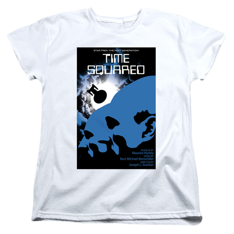 Women's cut version of the white Star Trek TNG Time Squared t-shirt, showing the same poster graphic with the text 'TIME SQUARED' in white at the top