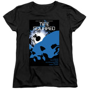 Black women's tee with 'Time Squared' Star Trek: The Next Generation poster graphic in blue, black, and white.