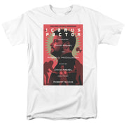 White tee with red 'Star Trek: The Next Generation' 'The Icarus Factor' poster graphic of two men in profile