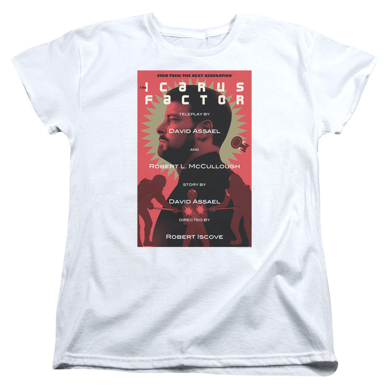 White women's tee with red 'The Icarus Factor' Star Trek: The Next Generation episode poster graphic of two men in profile