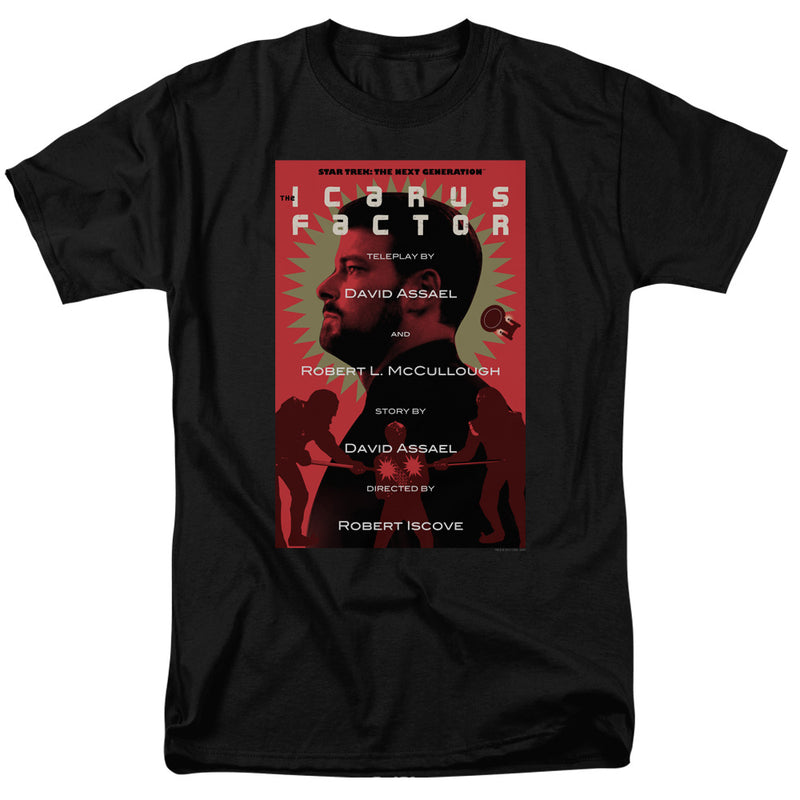 Black t-shirt with red Star Trek poster graphic reading 'The Icarus Factor' and a profile of a bearded man