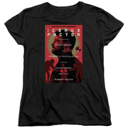 Black women's t-shirt with red 'The Icarus Factor' Star Trek: The Next Generation poster graphic showing two profile figures