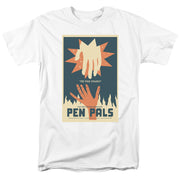 White short-sleeved t-shirt featuring a retro 'Pen Pals' poster with two reaching hands and the text 'Pen Pals' in dark blue below.