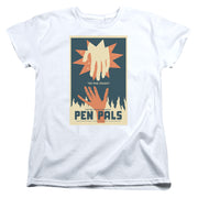 Women's cut of the white Star Trek Pen Pals t-shirt, showing the same poster graphic on a fitted shape.