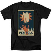 Black t-shirt with retro poster print: cream and orange hands reaching toward a star, 'TO THE STARS?' and 'PEN PALS' text