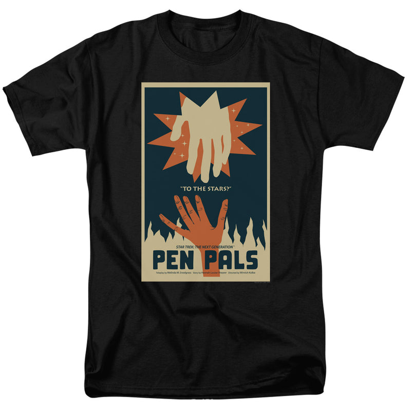 Black t-shirt with retro poster print: cream and orange hands reaching toward a star, 'TO THE STARS?' and 'PEN PALS' text