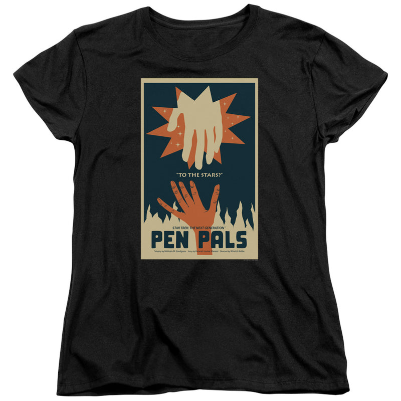 Black women's tee with 'PEN PALS' poster: cream hand reaches toward orange starburst, orange hand below.