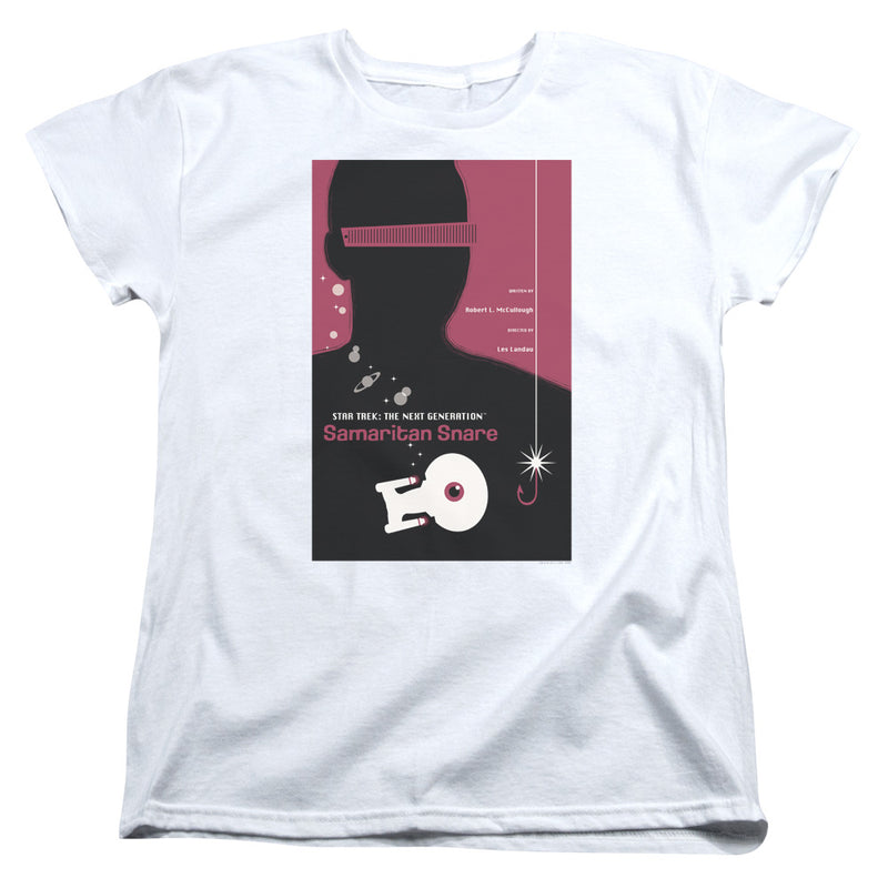 White women's t-shirt with pink and black 'Star Trek: The Next Generation' 'Samaritan Snare' poster graphic featuring a silhouetted figure