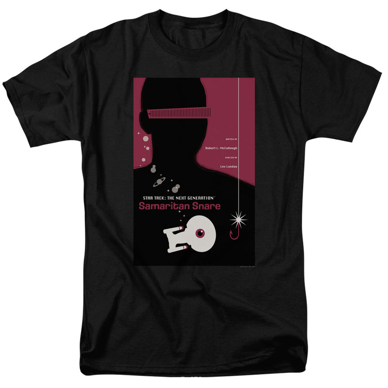Black short-sleeved t-shirt featuring a Star Trek poster with the text 'Samaritan Snare' in pink below a silhouette and the Enterprise
