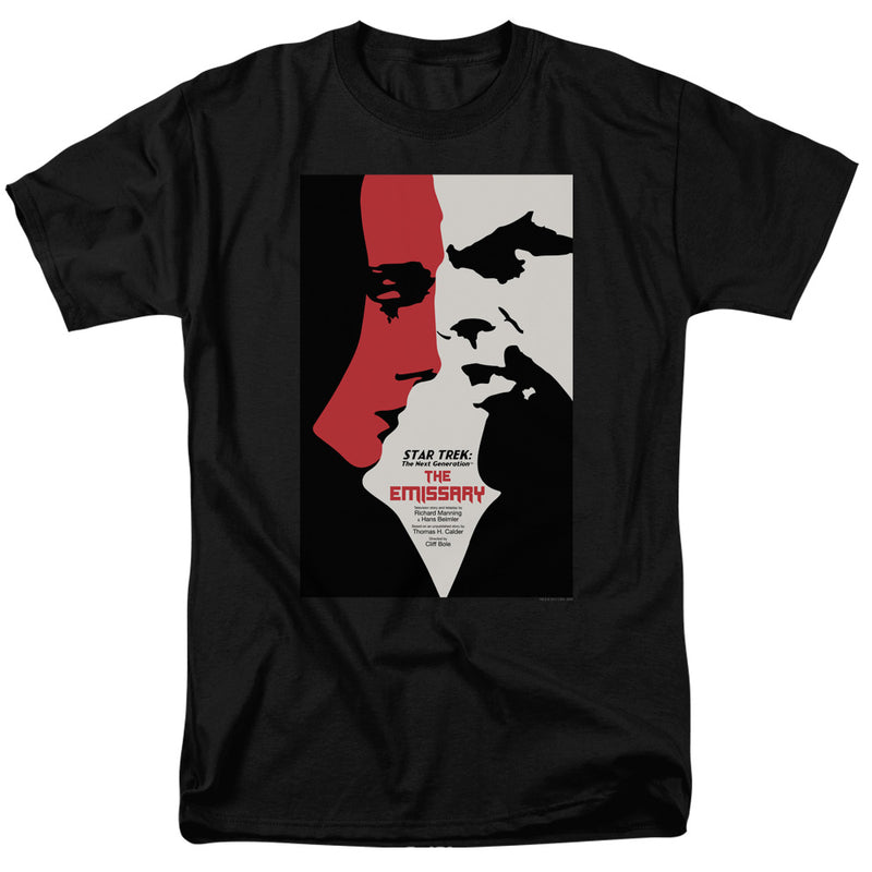 Black short-sleeved t-shirt featuring a two-tone profile poster design with the text 'THE EMISSARY' in red below it.
