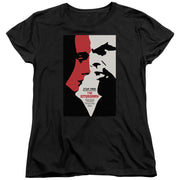 Black women's t-shirt with red and white split-face poster graphic reading 'STAR TREK' and 'THE EMISSARY'