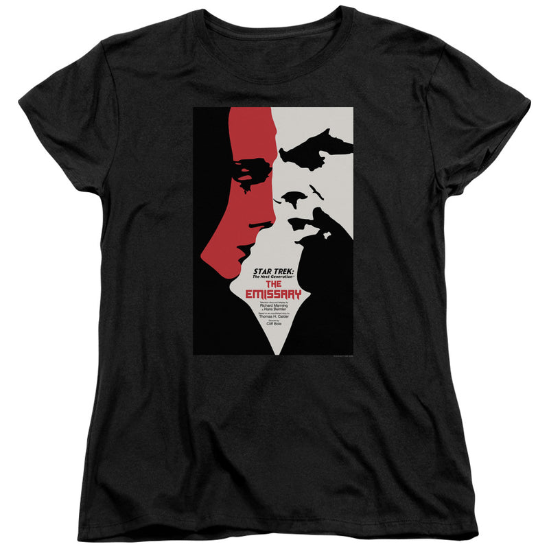 Black women's t-shirt with red and white split-face poster graphic reading 'STAR TREK' and 'THE EMISSARY'