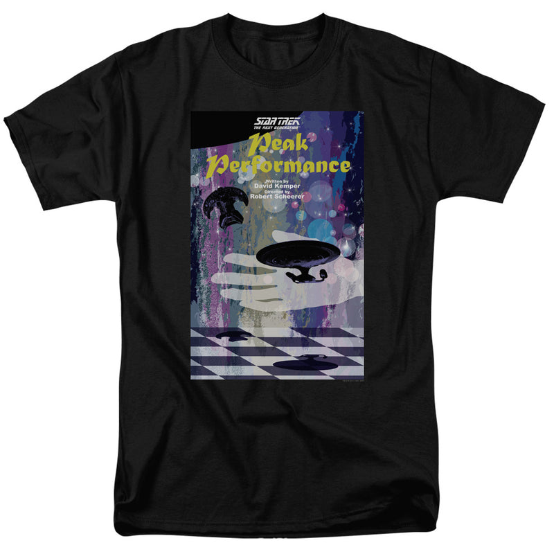 Black t-shirt with 'Star Trek The Next Generation' 'Peak Performance' poster graphic of a hand, starship, and chessboard