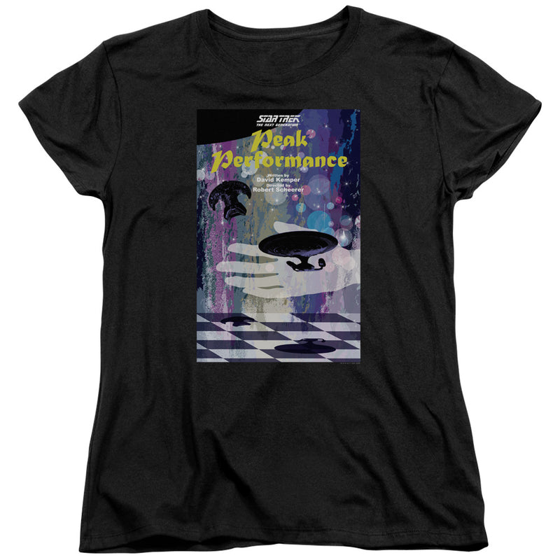 Black women's t-shirt with purple and blue 'Peak Performance' Star Trek: The Next Generation poster art and a yellow title