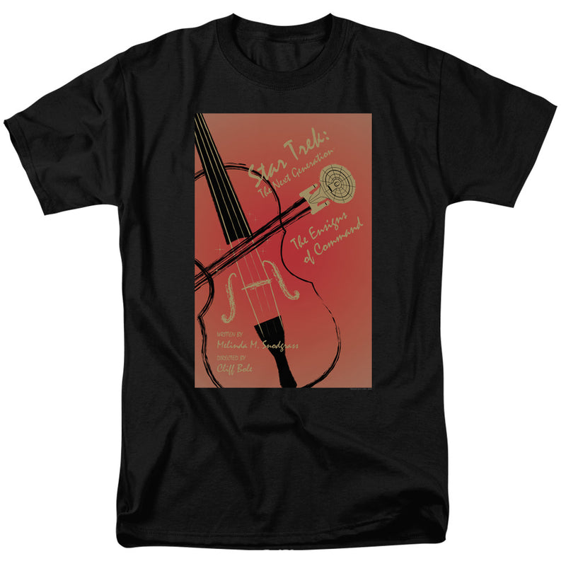 Black tee with red violin graphic reading "Star Trek: The Next Generation" and "The Ensigns of Command".
