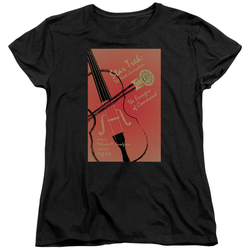 Women's fitted cut of the black Star Trek: The Next Generation t-shirt, showing the same red violin poster with gold text.