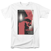White t-shirt with red and black 'STAR TREK: THE NEXT GENERATION' poster print, title 'THE BONDING'