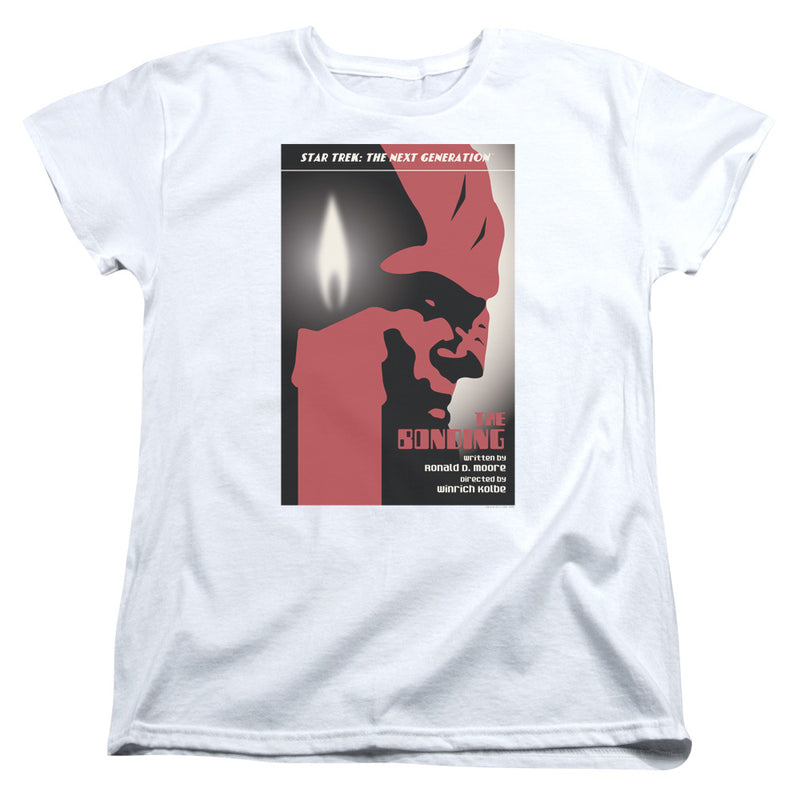 Women's fitted cut of the white Star Trek: The Next Generation t-shirt showing the same 'The Bonding' poster design.