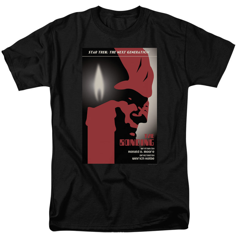 Black tee with red and black silhouette of a figure by a candle flame, 'STAR TREK: THE NEXT GENERATION' and 'THE BONDING'