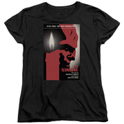 Black women's tee with red and black 'Star Trek: The Next Generation' poster graphic for 'The Bonding', a silhouetted face