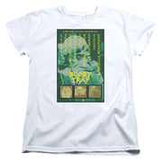 White t-shirt with green graphic of 'Star Trek: The Next Generation' poster titled 'Booby Trap' in yellow text