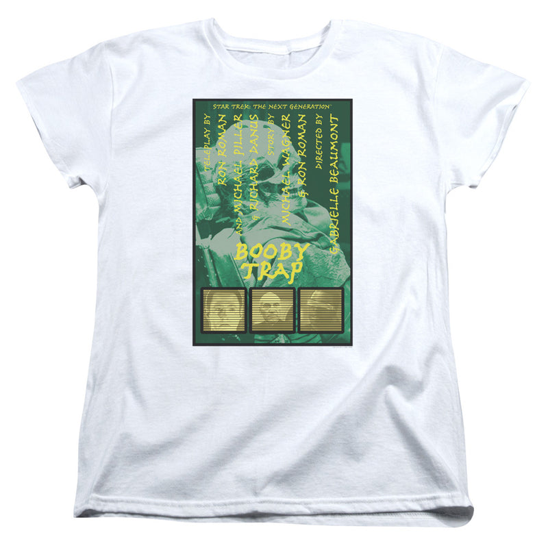 White t-shirt with green graphic of 'Star Trek: The Next Generation' poster titled 'Booby Trap' in yellow text