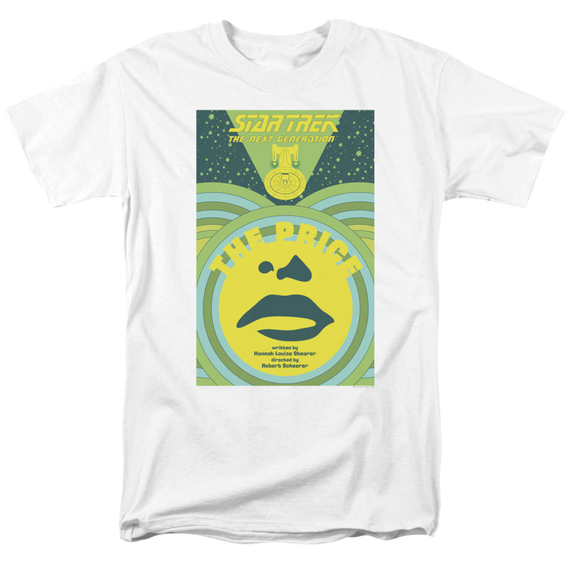 White short-sleeved t-shirt featuring a retro Star Trek: The Next Generation poster with the text 'THE PRICE' in yellow on a green circle.