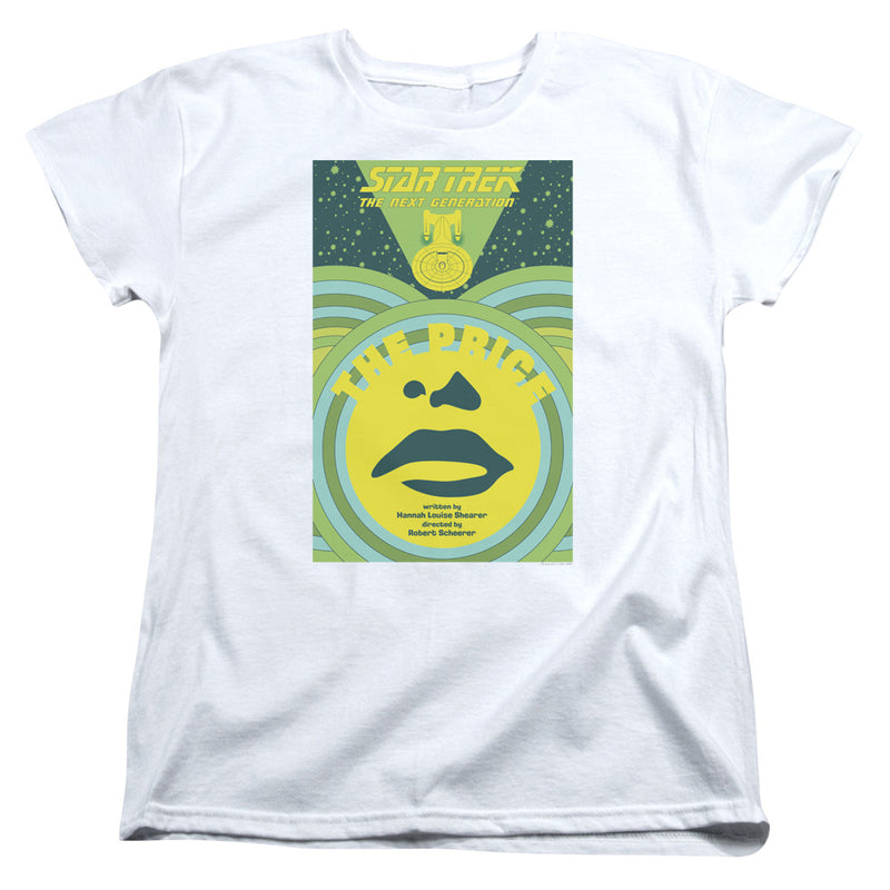 Front of women's cut white t-shirt showing the same retro Star Trek: The Next Generation 'THE PRICE' poster design.