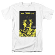 White t-shirt with black and yellow 'THE DEFECTOR' Star Trek TNG poster graphic of a figure with a Starfleet insignia.