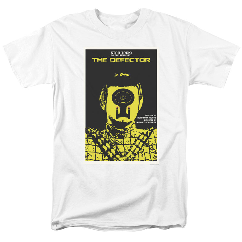 White t-shirt with black and yellow 'THE DEFECTOR' Star Trek TNG poster graphic of a figure with a Starfleet insignia.