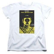White women's t-shirt with black and yellow 'STAR TREK: THE NEXT GENERATION' 'THE DEFECTOR' poster graphic of a man with a Starfleet insignia