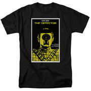 Black t-shirt with yellow and black poster graphic reading 'STAR TREK: THE NEXT GENERATION' and 'THE DEFECTOR' above a figure