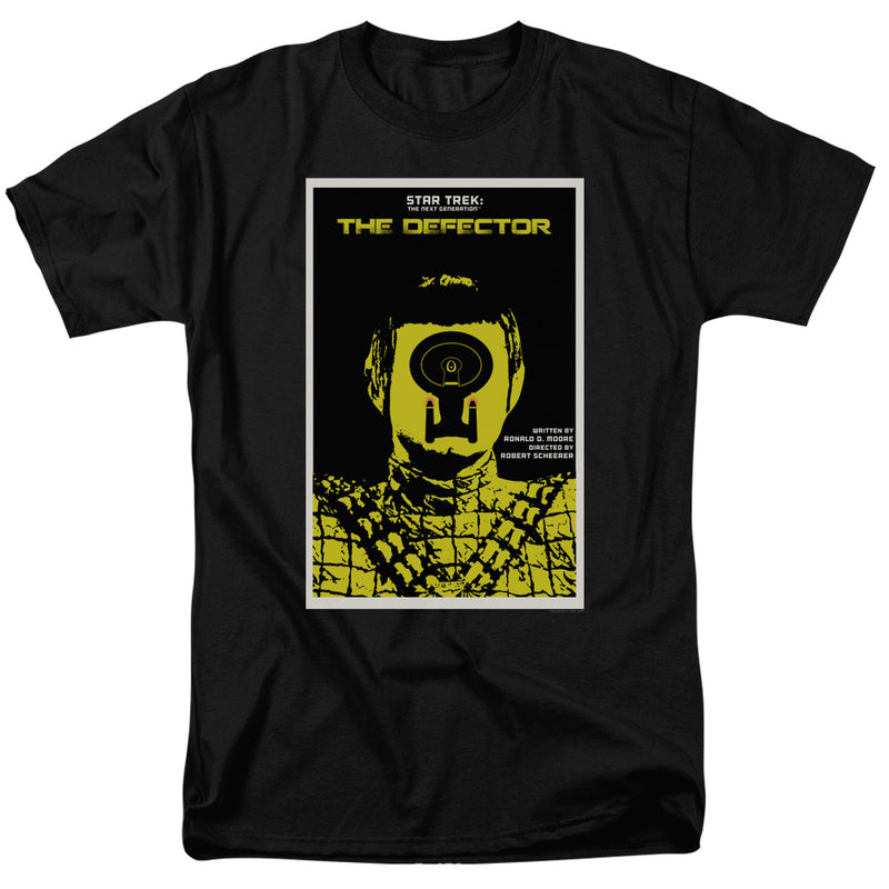 Black t-shirt with yellow and black poster graphic reading 'STAR TREK: THE NEXT GENERATION' and 'THE DEFECTOR' above a figure