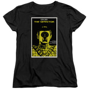 Black women's t-shirt with a yellow and black 'THE DEFECTOR' Star Trek: The Next Generation poster graphic showing a Starfleet emblem on a man's face