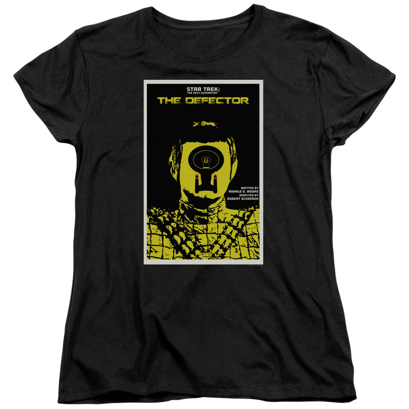 Black women's t-shirt with a yellow and black 'THE DEFECTOR' Star Trek: The Next Generation poster graphic showing a Starfleet emblem on a man's face