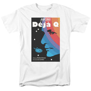 White t-shirt with black poster graphic showing 'Déjà Q' title, rainbow stripes, blue face profile, and starships.