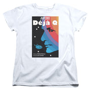 White t-shirt with black poster graphic: 'Déjà Q' title, 'Star Trek' logo, blue face profile, rainbow arcs, and starship