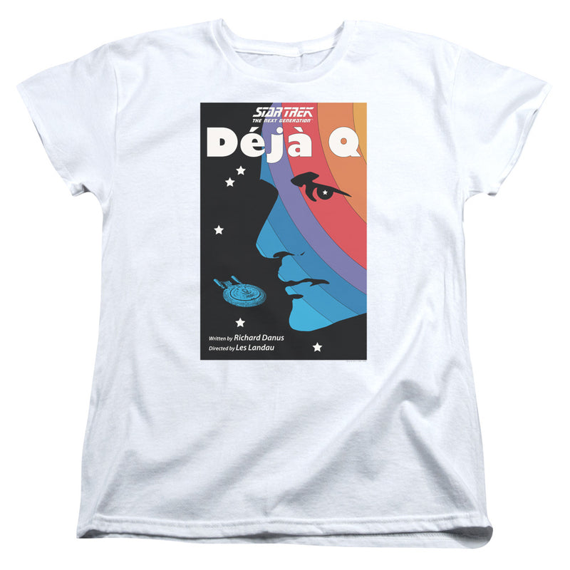 White t-shirt with black poster graphic: 'Déjà Q' title, 'Star Trek' logo, blue face profile, rainbow arcs, and starship