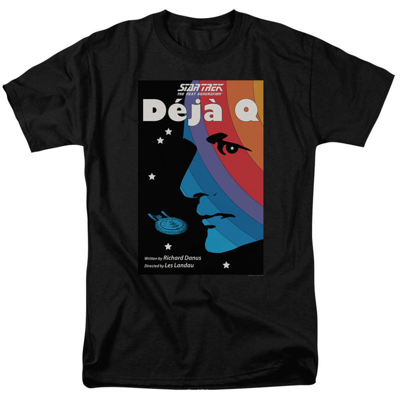 Black short-sleeved t-shirt featuring a Déjà Q Star Trek poster, with the text 'Déjà Q' in white at top.