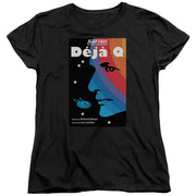 Women's fitted black t-shirt featuring the same Déjà Q Star Trek poster, with the text 'Déjà Q' in white at top.