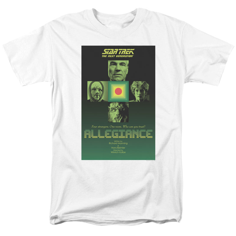 White short-sleeved t-shirt featuring a green Star Trek The Next Generation poster with the text 'Allegiance' in yellow below four faces.
