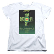 White t-shirt with green Star Trek: The Next Generation "Allegiance" poster showing four faces around a red dot.